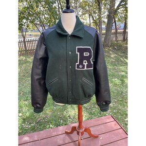 SSR Letterman Varsity Jacket Dark Green & Black Leather Sleeves L